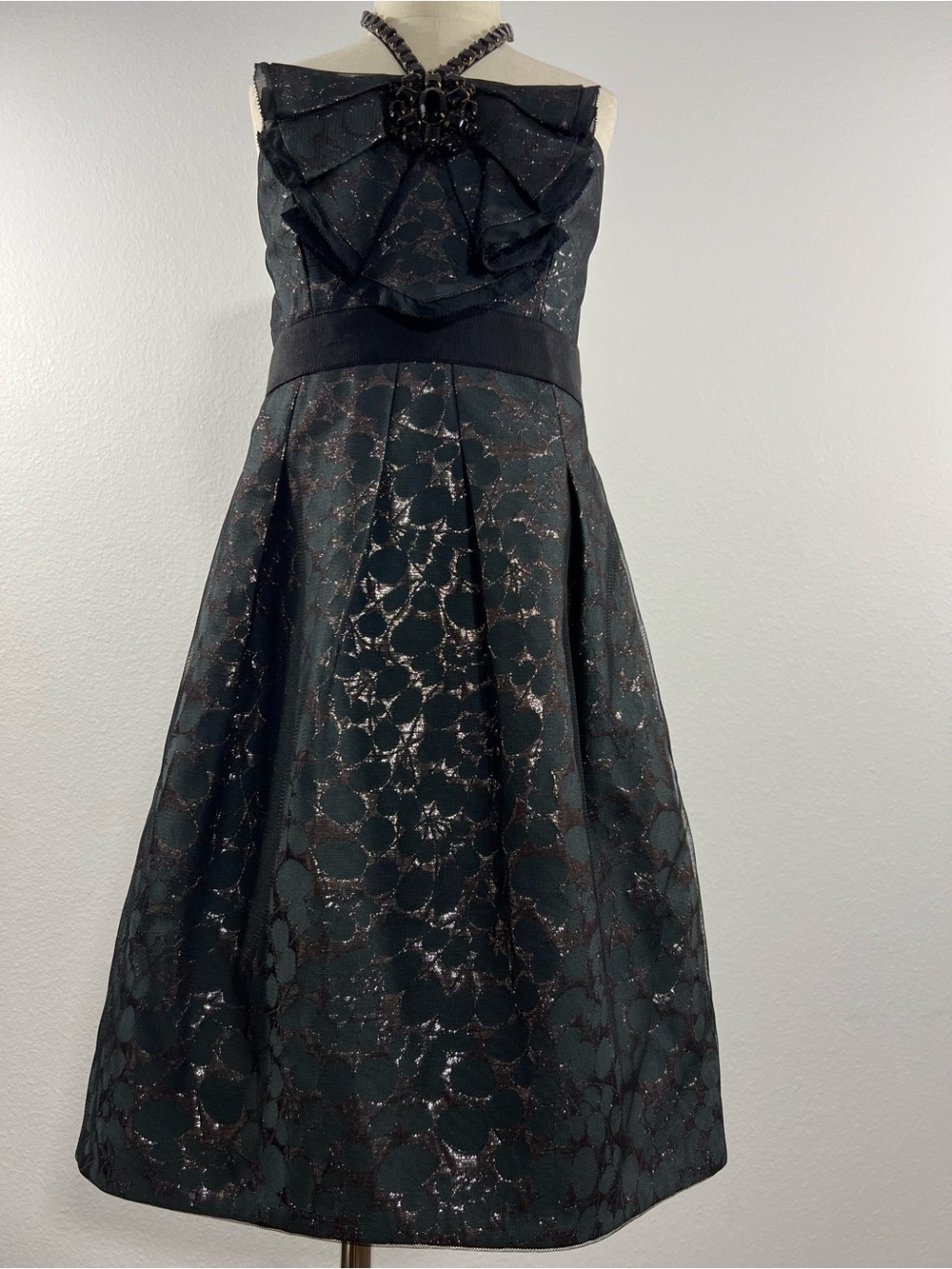BCBGMaxAzria Black Strapless Lace-Overlay Cocktail Dress with Jeweled Brooch - Picture 3 of 4